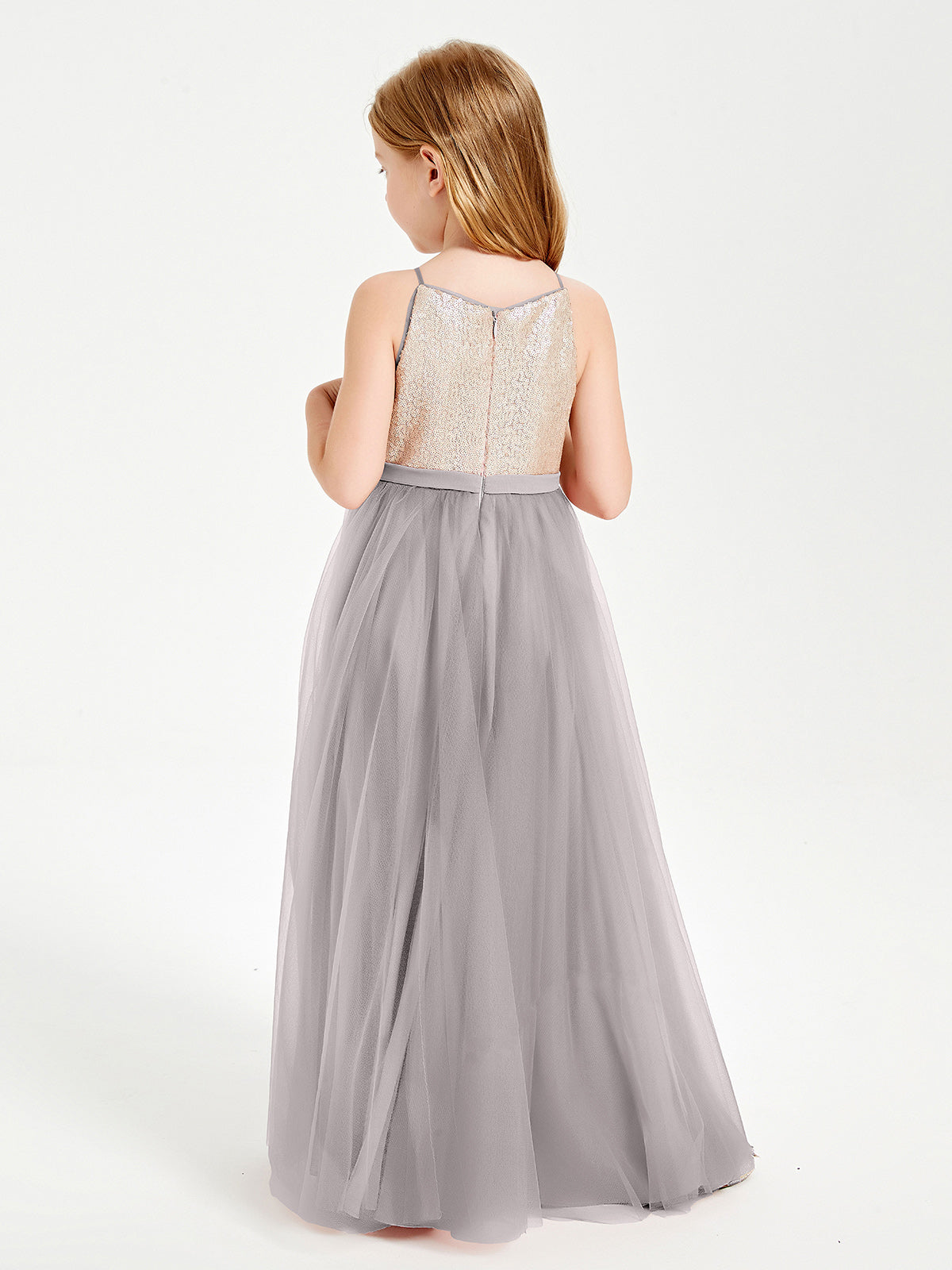 Sequined Top Long Tulle Junior Bridesmaid Gown Silver